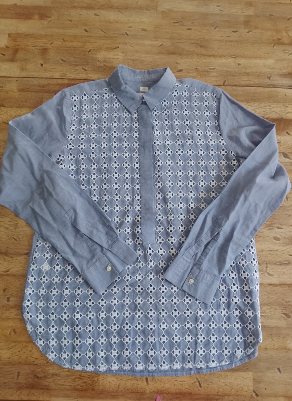 LOFT Light Blue Long-Sleeve Button-Up Shirt with Eyelet Front Tunic
